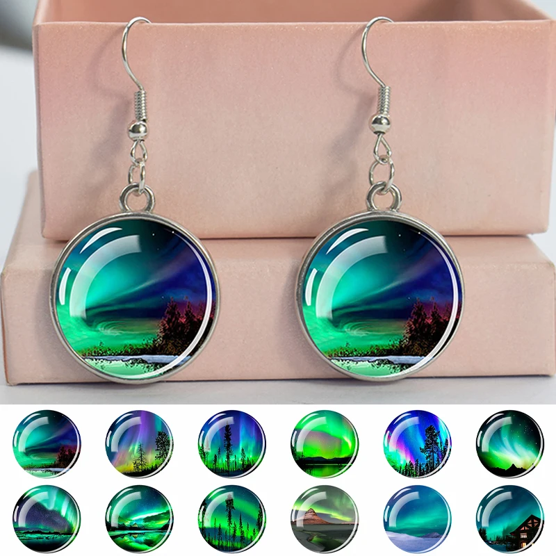 

Women Fashion Aurora Dangle Earring Beautiful Polar Lights Glass Cabochon Gem Drop Earrings for Girls Charm Jewelry Hook Earring