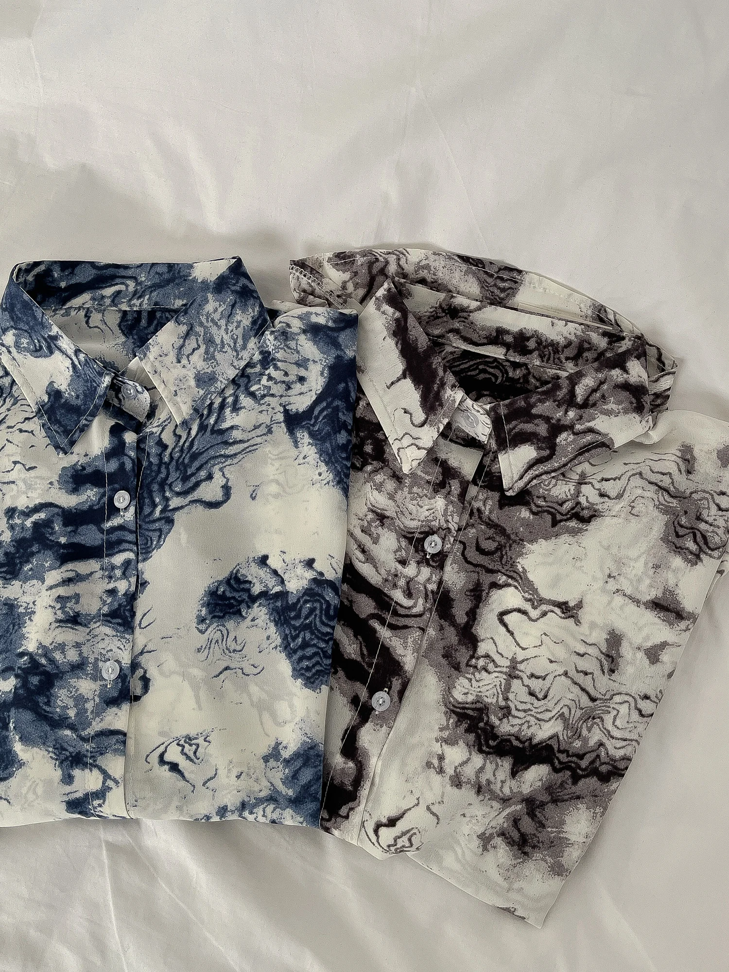 

Halo Dyed Ink Shirt Blue Gray Spring Summer Oversize Women Blouse Tops