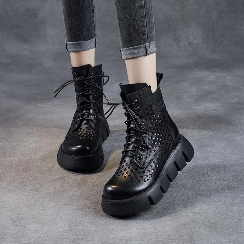 Cowhide muffin bottom retro hollowed-out Martin boots women's thin short boots 2023 new spring and summer heel shoes cool boots