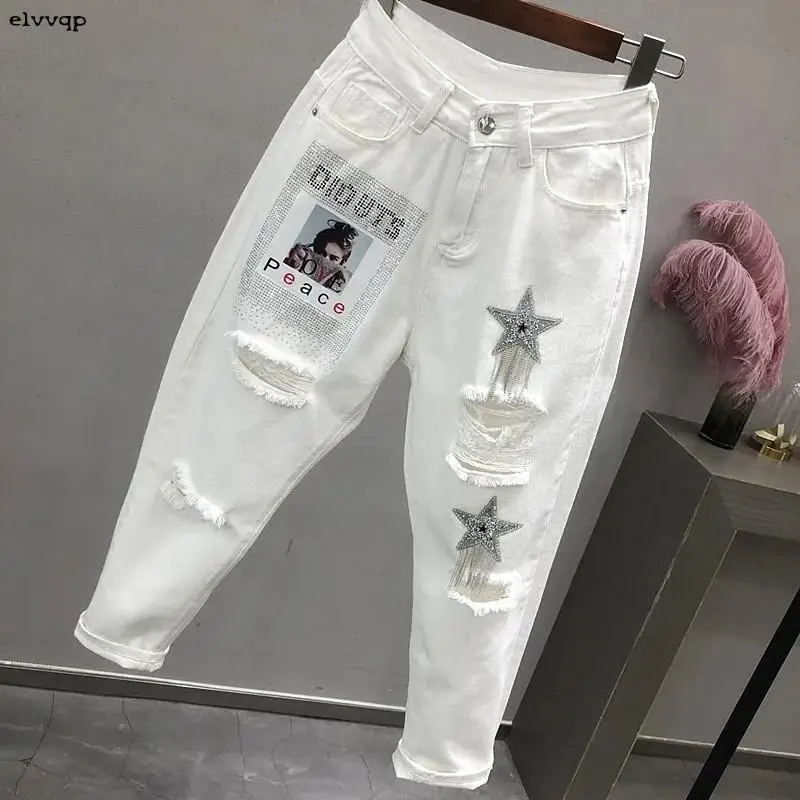 

White Jeans Women Loose High Waist Denim Pants Casual Vintage Hollow Out Ankle-Length 2022 New Spring Denim Pants