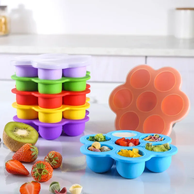

7 Holes Reusable Silicone Silicone Mold BPA Free Storage Baby Food Freezer Tray With Lid Kitchen Dining Bar Home Garden