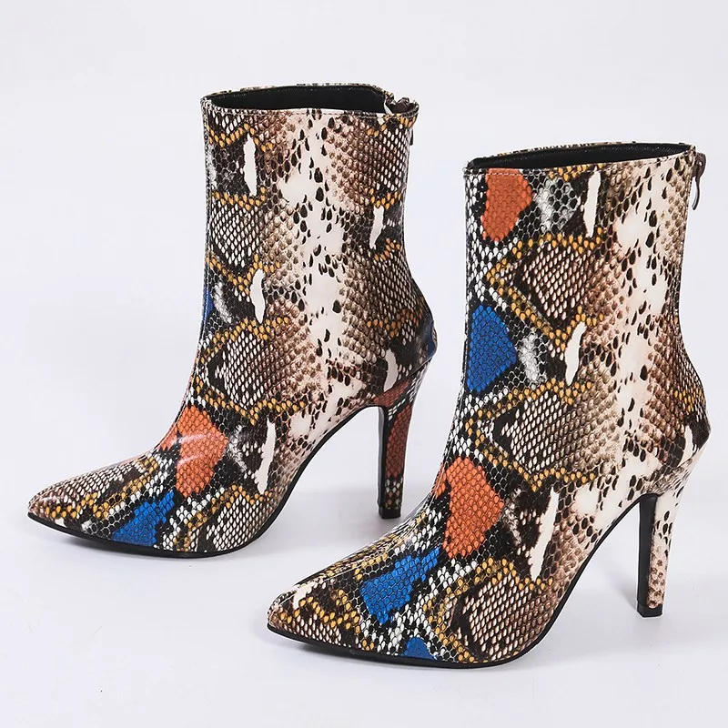 Women's Ankle Boots Shoes Women Snake Skin Pattern 2022 Boots Ladies Pointed Toe Ladies Chunky High Heel Female Shoes