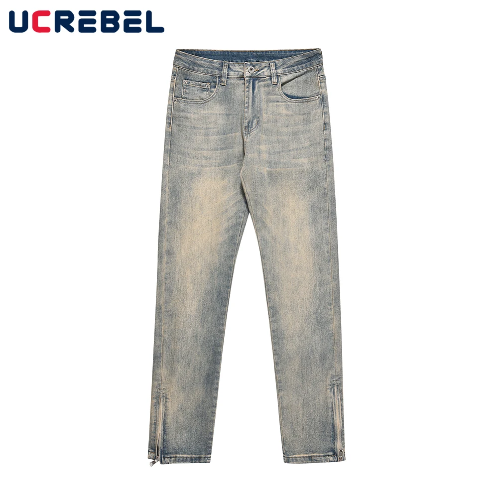 

Брюки мужские прямые на молнии, повседневные брюки из денима с эффектом потертости, в стиле ретро