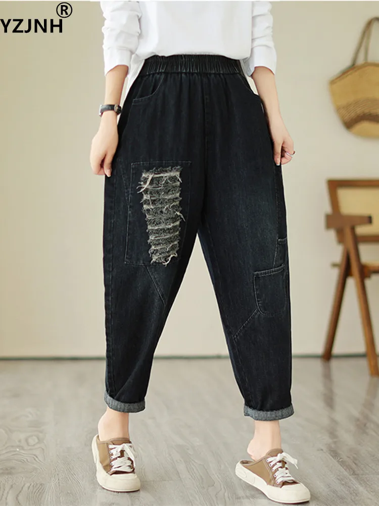 

Новинка осени 2023, джинсы большого размера YZJNH в арт-стиле, свободные и повседневные женские брюки Harlan с высокой талией