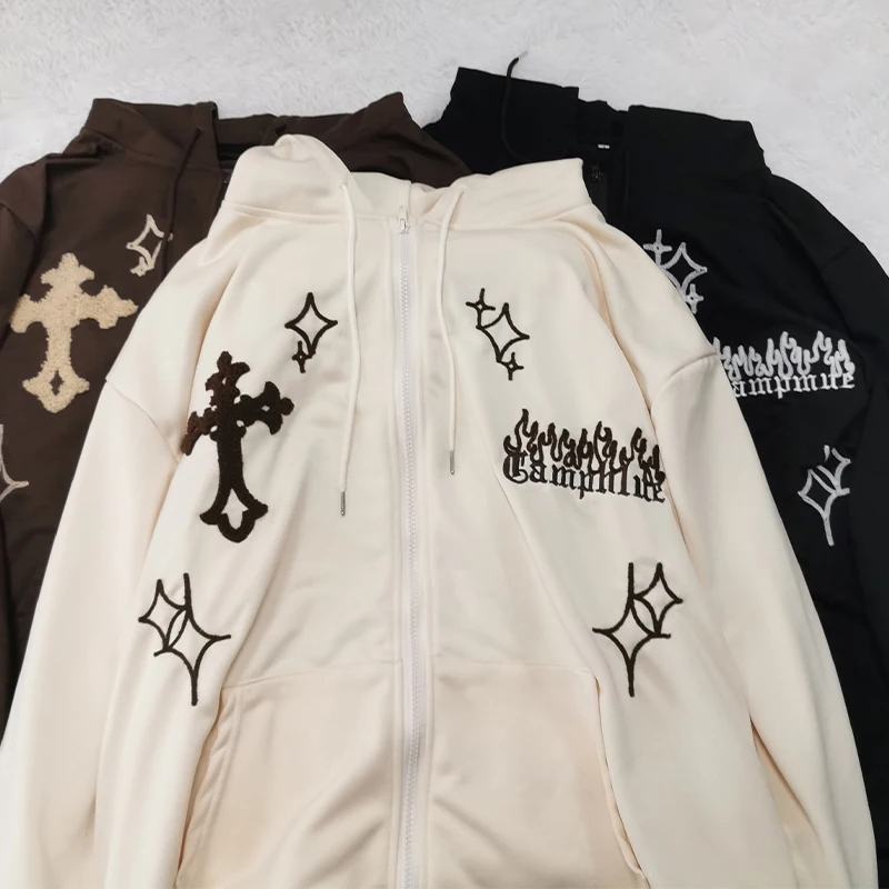 Oversized Hoodies Women Retro Harajuku Hip Hop Jacket Gothic Embroidery Zip Up Hoodie Casual Loose Sweatshirt Clothes Y2K Tops