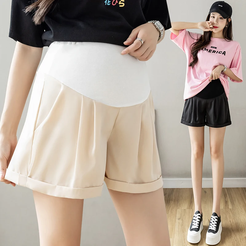 

237 Ice Silk Cool Thin Maternity Shorts Wide leg Loose Straight Belly Shorts Clothes for Pregnant Women Summer Pregnancy Bottoms