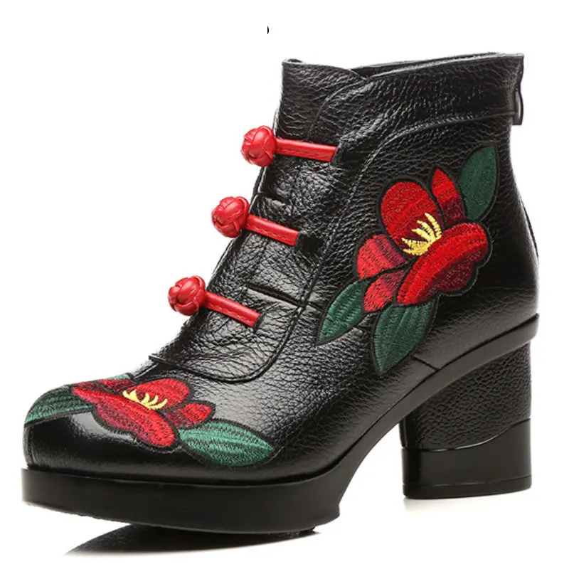 

7cm Embroider Flower Cow Genuine Leather Ethnic Knot Autumn Plush Warm Fur Winter Women Fashion Females Mixed Color Shoes