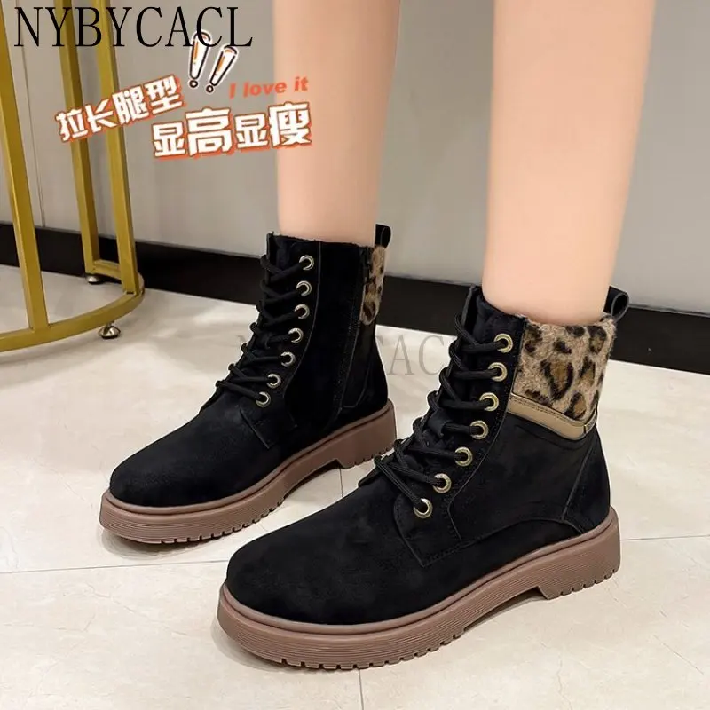 2023 New  Boots Women Suede Leather Women's Boots Mid-heel Flat Short Boots Winter Autumer Fashion Boots Leopard print border