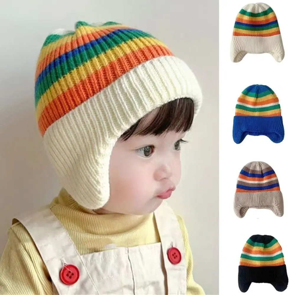 

Autumn Winter Baby Knit Hat Korean Fashion Striped Rainbow Boys Girls Beanie Cap Warm Ear Protection Elastic Kids Infant Bonnet