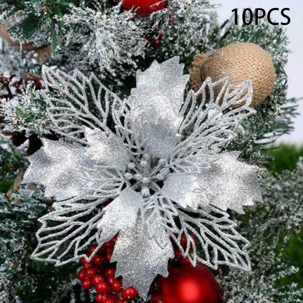 

10pcs Artificial Christmas Flowers Glitter Fake Flowers Merry Christmas Tree Decoration Home DIY Xmas Gifts Ornament 2022
