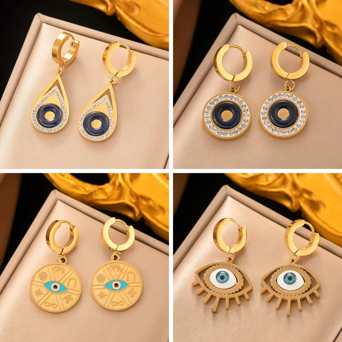 

316L Stainless Steel 18K Gold Plated New Blue Eyes Water Droplet Statement Earrings For Women Female Party Gift Brincos