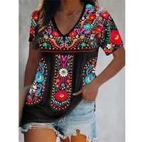 2022 new summer sexy v neck loose casual short sleeve ethnic style print blouse shirt oversized t shirt y2k top camisetas