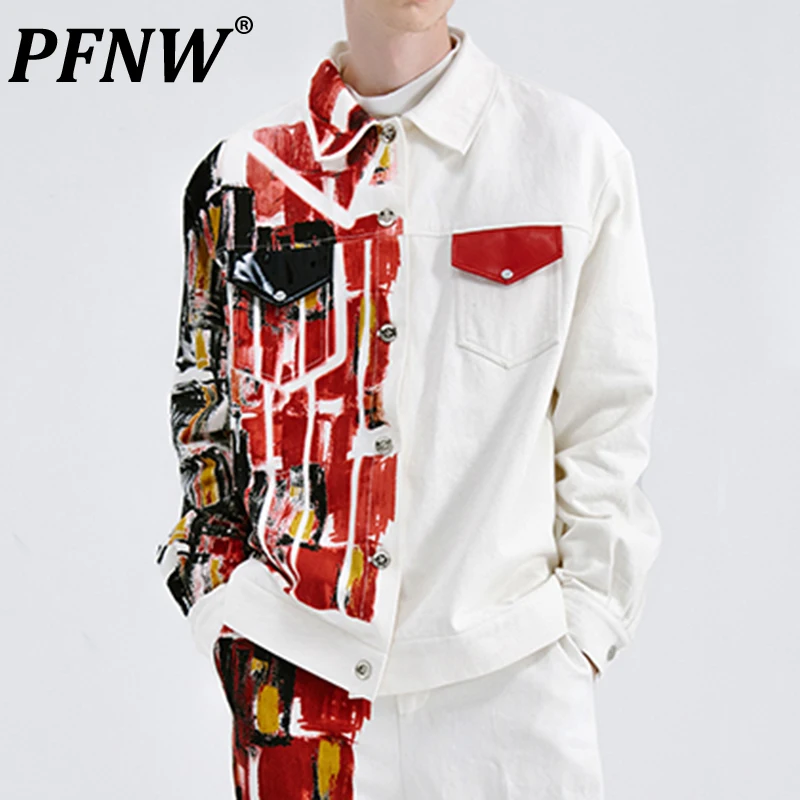 

PFNW Spring Autumn New Men's Handsome High Street Trousers Set Trend Hand-painted Print Denim Cotton Chic Two Piece Sets 28A2960