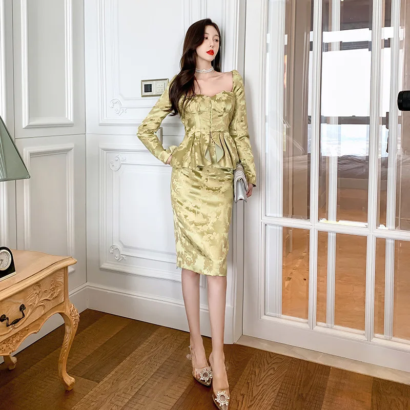 

Retro suit French court square collar ruffled waist suit skirt two-piece chic design skirt 5321