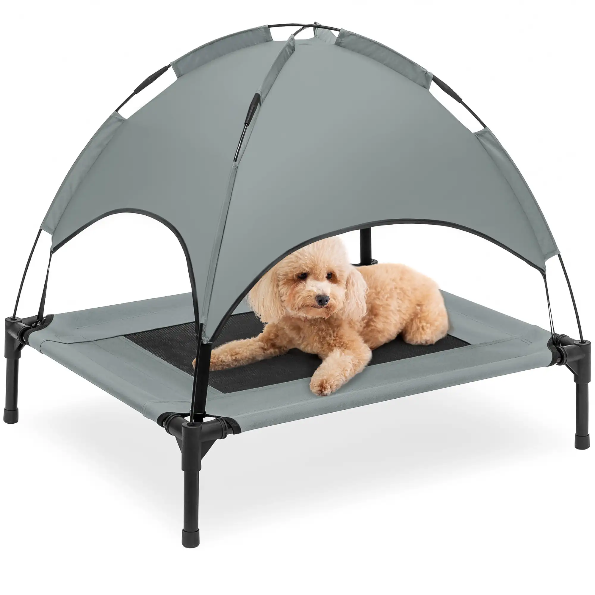 

HMTX 30in Elevated Cooling Dog Bed, Outdoor Raised Mesh Pet Cot w/ Removable Canopy, Carrying Bag - Gray