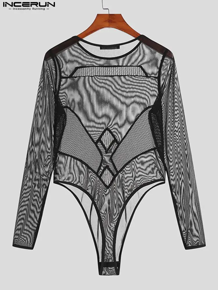 Comfortable Homewear Men's Onesies INCERUN 2022 See-through Mesh Fashion Sexy Male Stitching Sense Long-sleeved Jumpsuits S-5XL