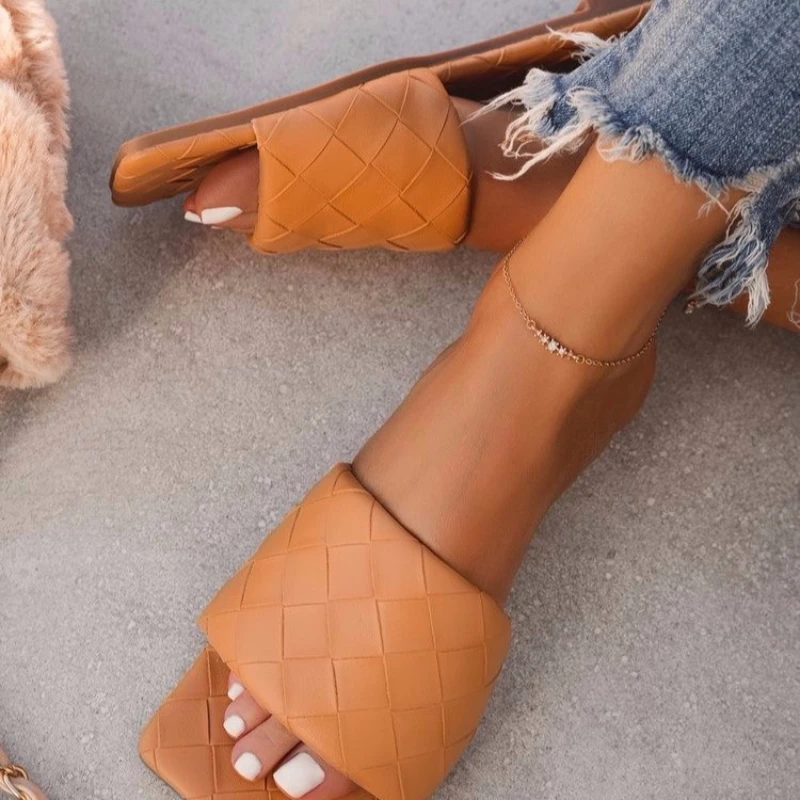 

Summer Weave Leather Slides Women's Slippers Square Toe Ladies Flat Shoe Open Toe Outdoor Casual Beach Shoes Large Size 43