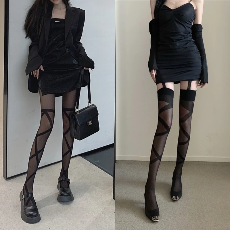 Черные шелковые чулки на шнуровке Panhose женские темные JK Gyaru ультратонкие