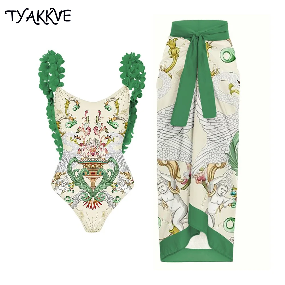 

TYAKKVE 2023 Sexy Backless Swimsuit One Piece Swimwear Women Skirt Vintage Print Monokini Cover Up Beach Bathing Suits Dress