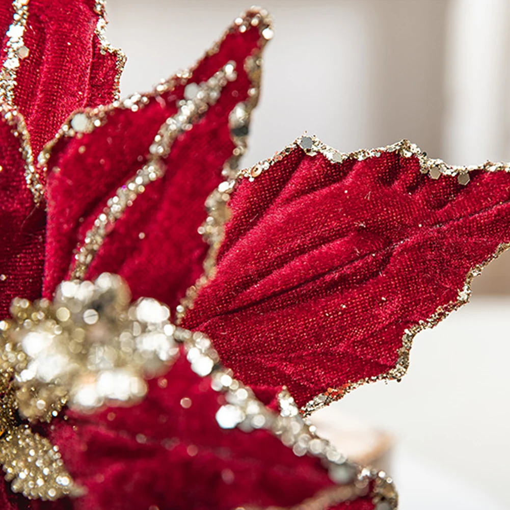 Рождественский цветок 26 см красное золото блестящий флис имитация