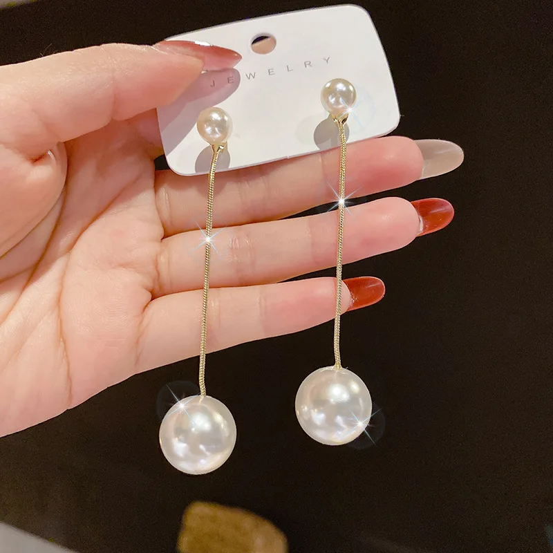

New Korean Fashion Big Pearl 925 Silver Needle Tassel Pearl Earrings Long Earrings Wholesale