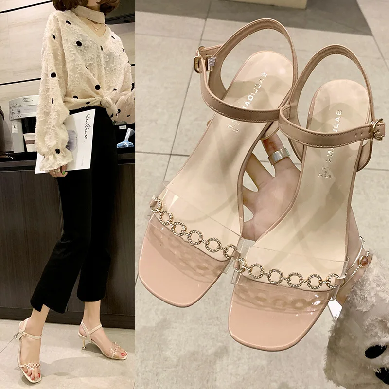 

summer thin heel middle heel open toe sandals women's shoes with one line square buckle