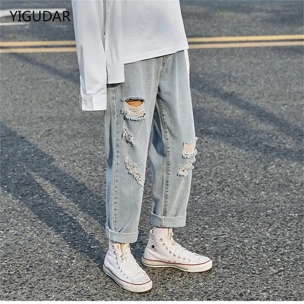 Korean ripped Men Wide Leg Jeans 2022 Autumn New Streetwear Straight Baggy Denim Pants Male Brand Trousers Denim Jeans for men