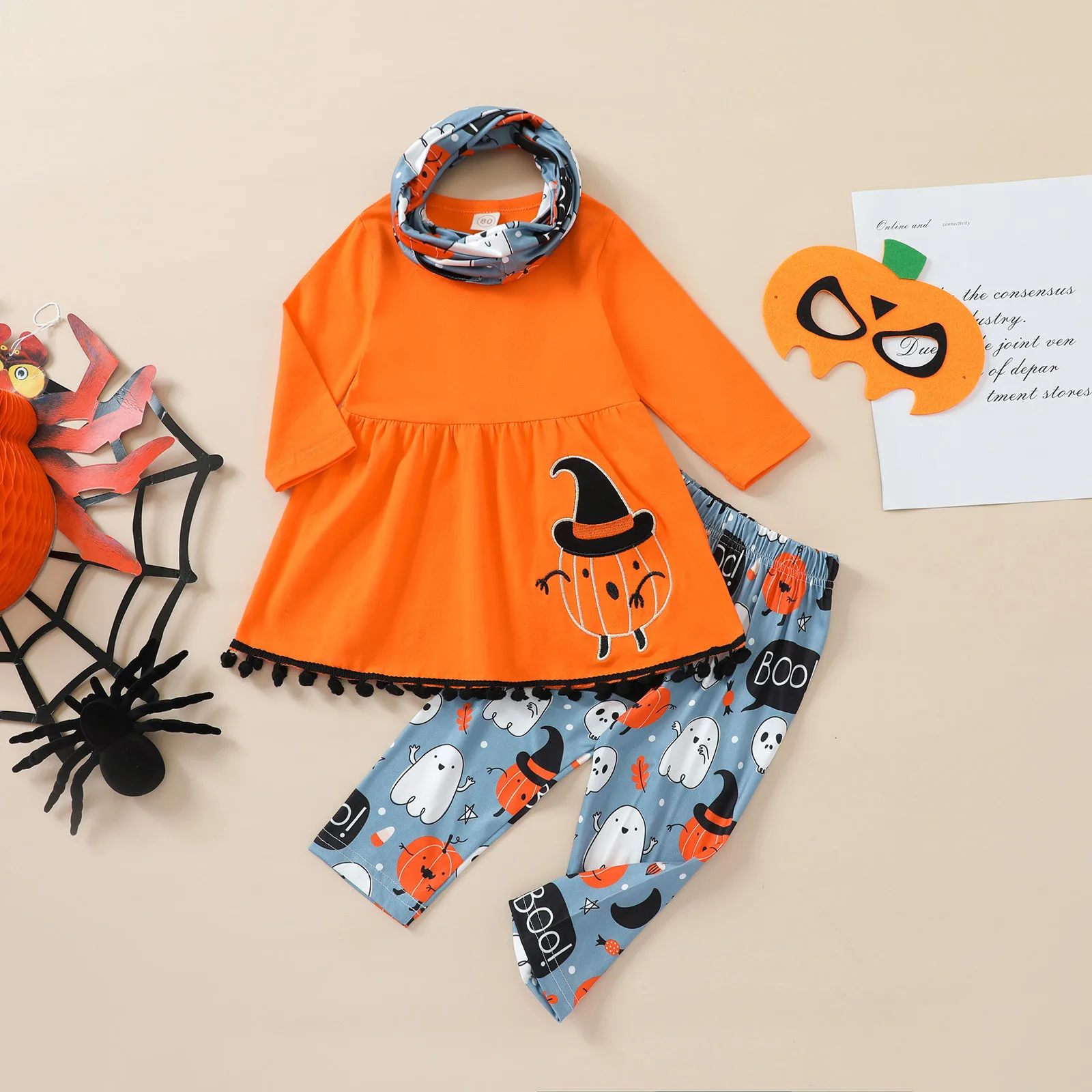 

3pcs Sets Toddler Kids Girls Clothes Sets Halloween Outfits Pumpkin Prints Long Sleeves Tops+Prints Pants+Headband Outfits 1-4Y