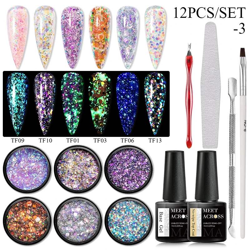 

MEET ACROSS 12Pcs Reflective Spider Gel Nail Polish Set Sparkling Sequins Nail Gel Varnish Painting UV Nail Gel Set