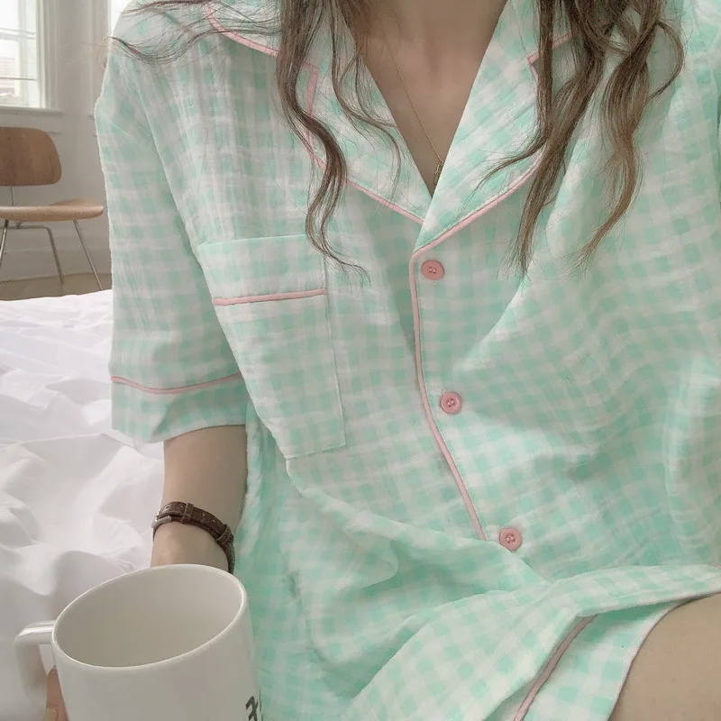 QWEEK Pyjamas Women Striped Plaid Cotton Pijamas Sleepwear Pajamas for Teen Girls Soft and Comfortable Summer Lounge Wear Pizama