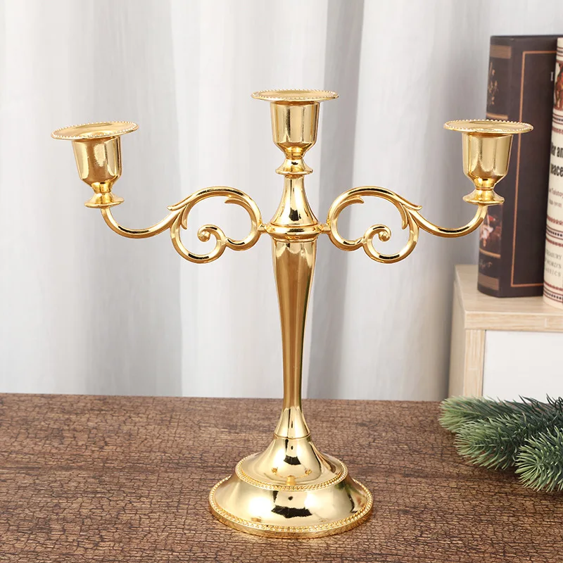 

Metal Gold Bronze Plated Candle Holder Retro 3-Arms Candelabra For Wedding Prop Candlelight Dinner Hotel Home Decoration