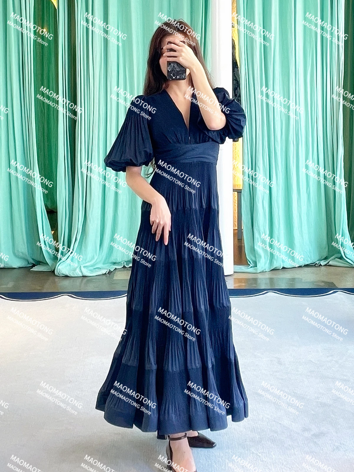 

Dresses For Women 2023 Runway Luxury Designer High Quality Party V neck Ruffles Flare Sleeve Crimping Pleated Long Maxi Dress
