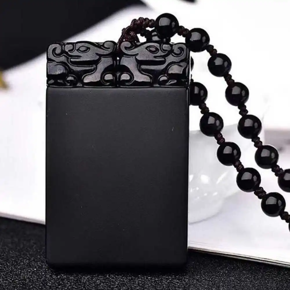 

100% Natural Obsidian Lucky Amulet Pendant +Chain Dragon Choker Necklace Jewellery Cross Energy Quartz Gemstone Men Silver