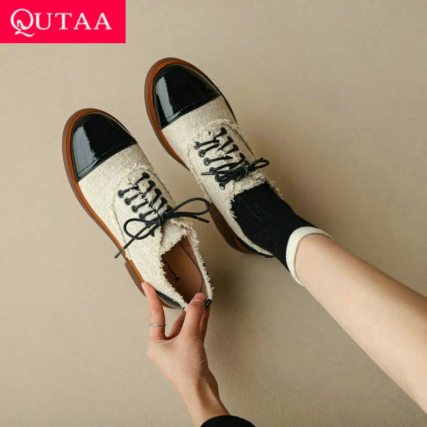 

QUTAA 2023 Spring Classic Women Pumps Lace-Up Thick Low Heel Working Casual Genuine Leather Loafers Shoes Woman Size 34-39