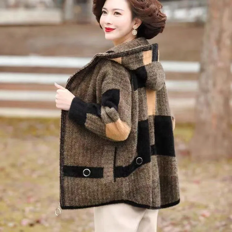 New 2022 Imitate Mink Fleece Women's Coat Middle-Aged Mother Short Winter Clothes Thick Hooded Loose  Ladies Jacket Top