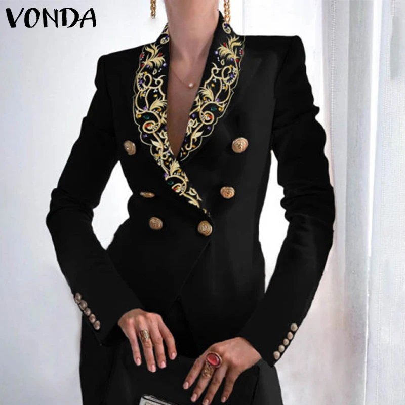 

VONDA 2022 Spring Suit Blazers Women Long Sleeve Pleated Coats Lapel Collar OL Style Blazer Vintage Print Double Breasted Veste