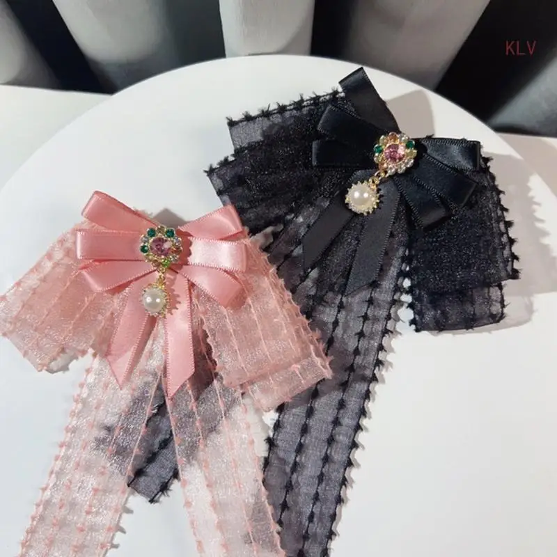 

Sheer Lace Bowtie for Women Girls Pearl Bowtie Shirt Collar Pin Bowknot School Student Shirt Bowtie Supplies