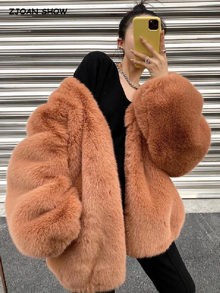 Vintage Women Winter V Neck Hairy Shaggy Faux Rabbit Fur Jackets Vintage Full Sleeve Furry Oversized Coat Loose Outerwear