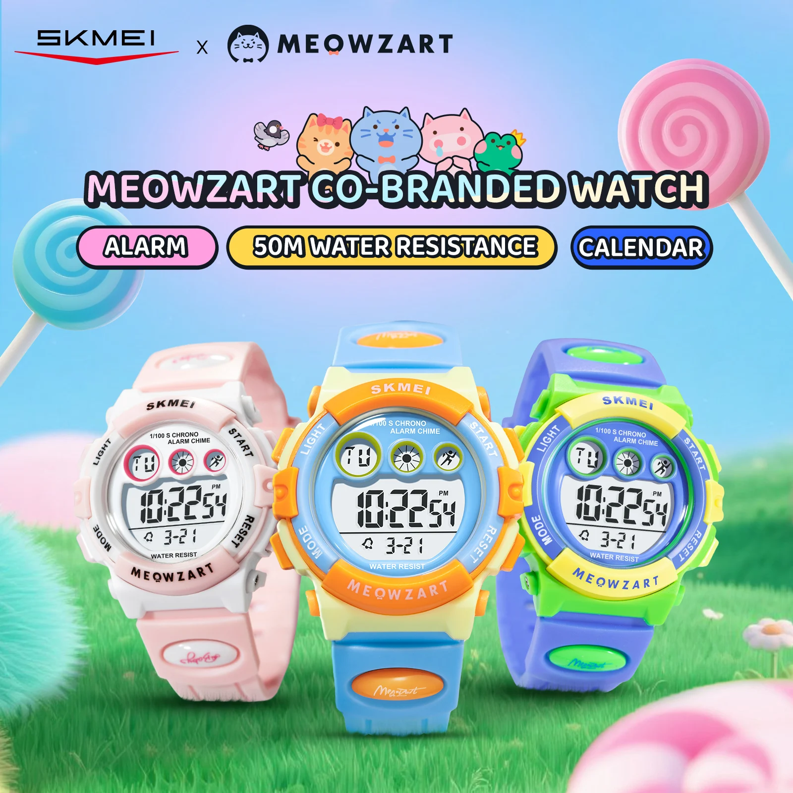 Фото Наручные часы SKMEI 7803 MEOWZART: Детские, подростковые, студенческие часы с водонепроницаемостью 5ATM, секундомером, будильником и датой для активного образа жизни №2