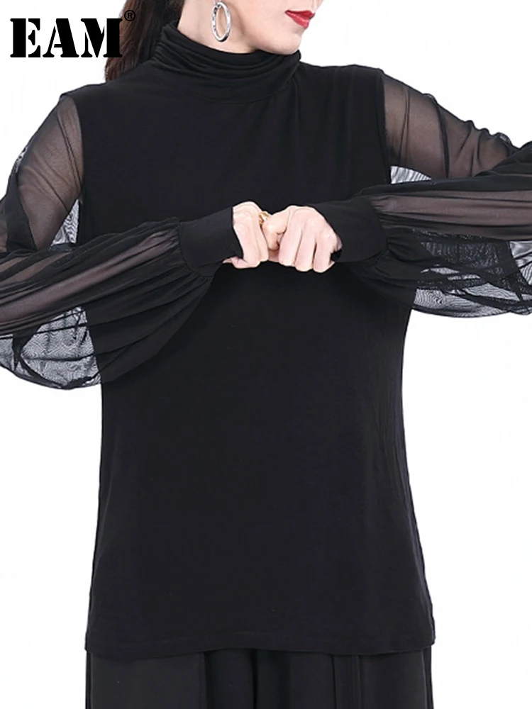

[EAM] Women Black Brief Mesh Spliced Casual T-shirt New Turtleneck Long Sleeve Fashion Tide Spring Autumn 2022 1DE6808