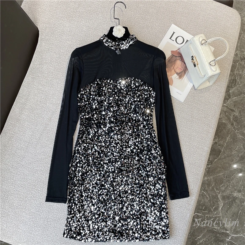 

Shiny Sequined Dress for Women 2022 Spring New Arrivals Sexy Ladies Party Dresses Mesh Sleeves Stitching Glitter Vestidos Mujer