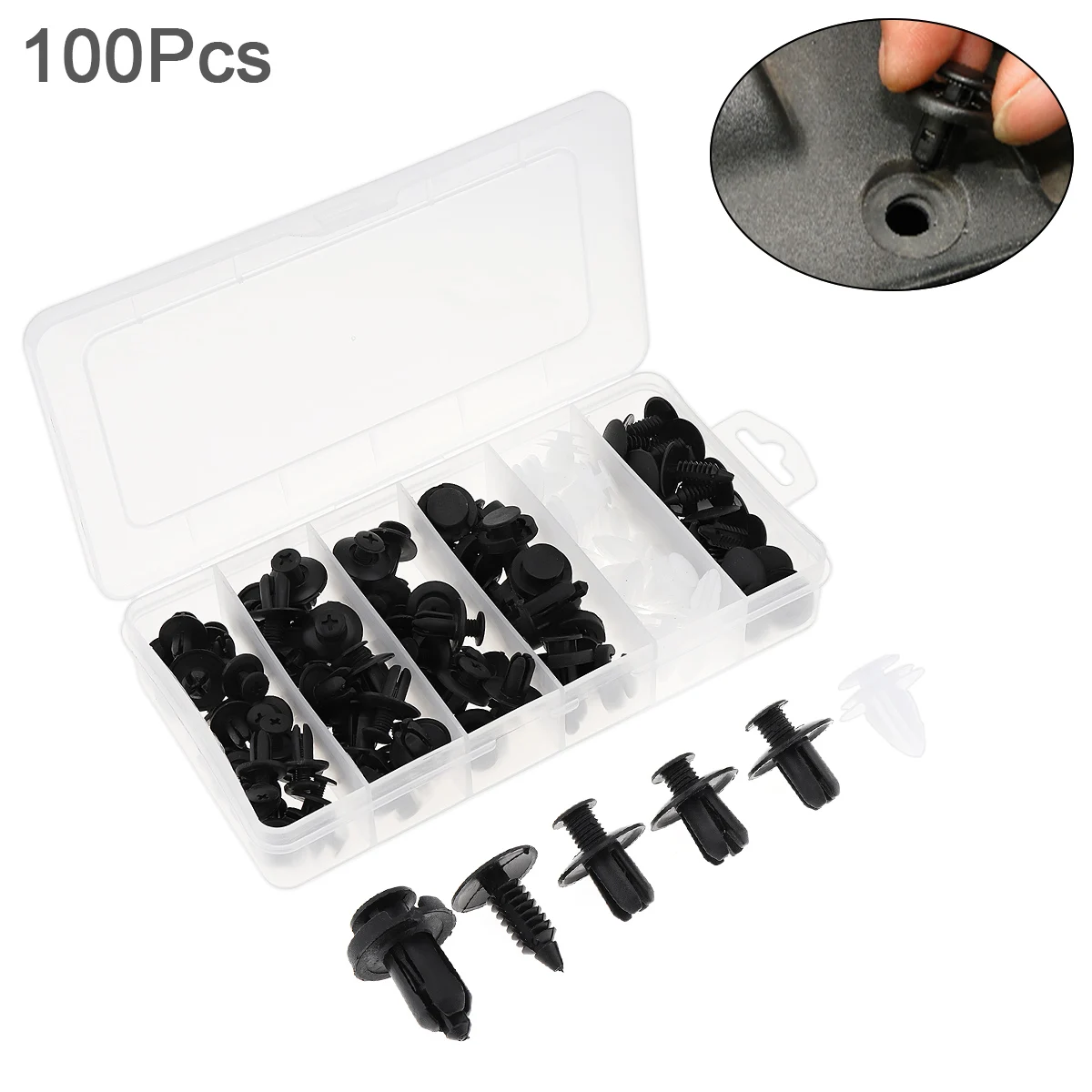 

100pcs/set 6 Kinds Universal Plastic Car Body Bumper Push Pin Clip Rivets Fastener Expansion Screws Kits with Storage box