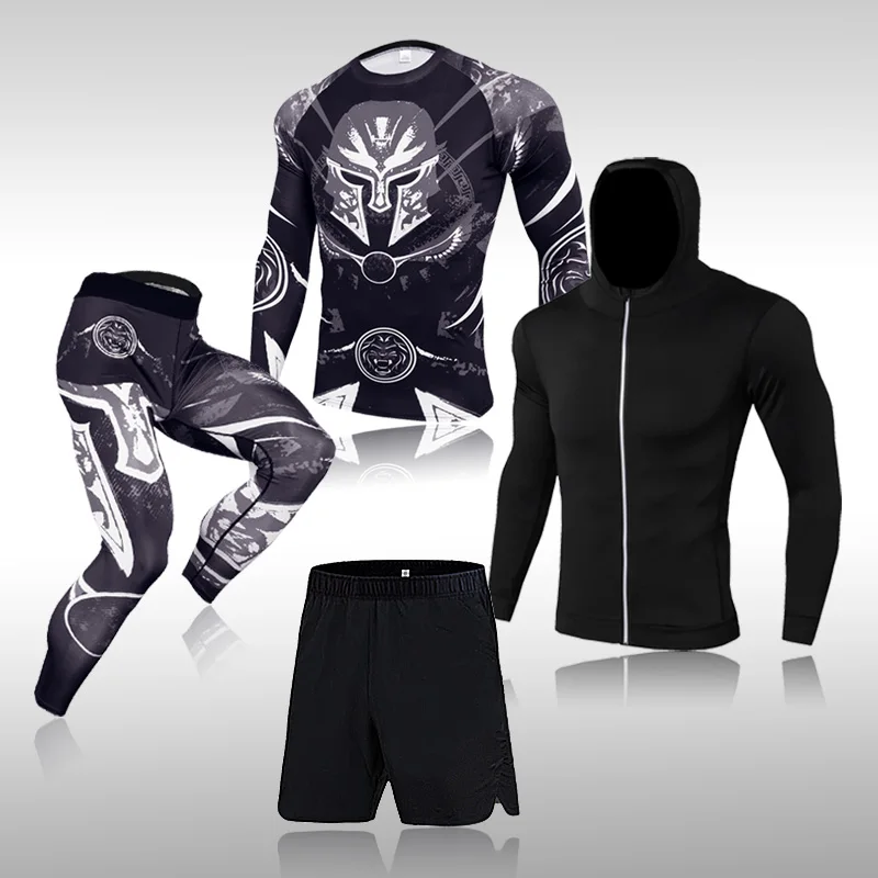 

2022 Mens 4 Piece Fashion Sports Suit Running Tights Clothing Quick Dry Gym Outfit Jogging Polyester Sweat Suits Track Suit Men
