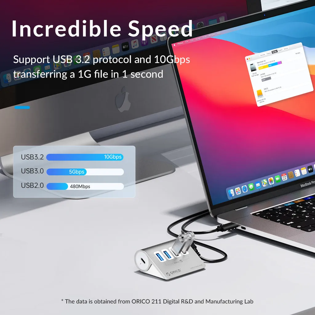 Фото Многофункциональный док-хаб ORICO USB 3.2 10 Гбит/с с 4/7 портами, разветвителем Type-C и адаптером для зарядки PD60W для ПК и ноутбуков №2