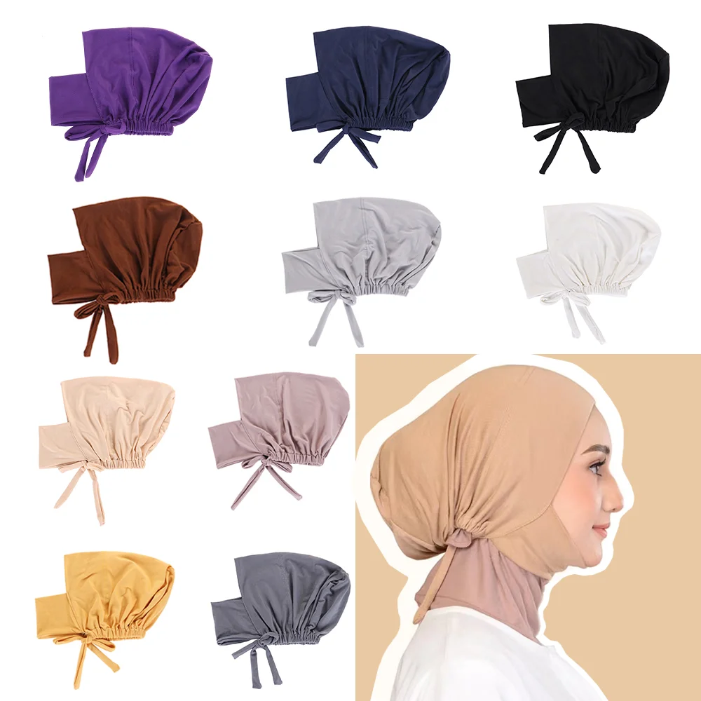 

Разноцветная эластичная повязка шапочки под хиджаб, эластичная Женская шапочка, хиджабы, шляпа, мусульманский нижний головной убор, шляпы для женщин
