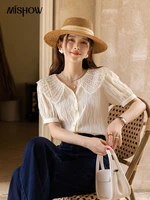 mishow 2022 womens blouses korean short sleeve lace v neck temperament female clothing puff sleeve sweet solid top mxb26c0421
