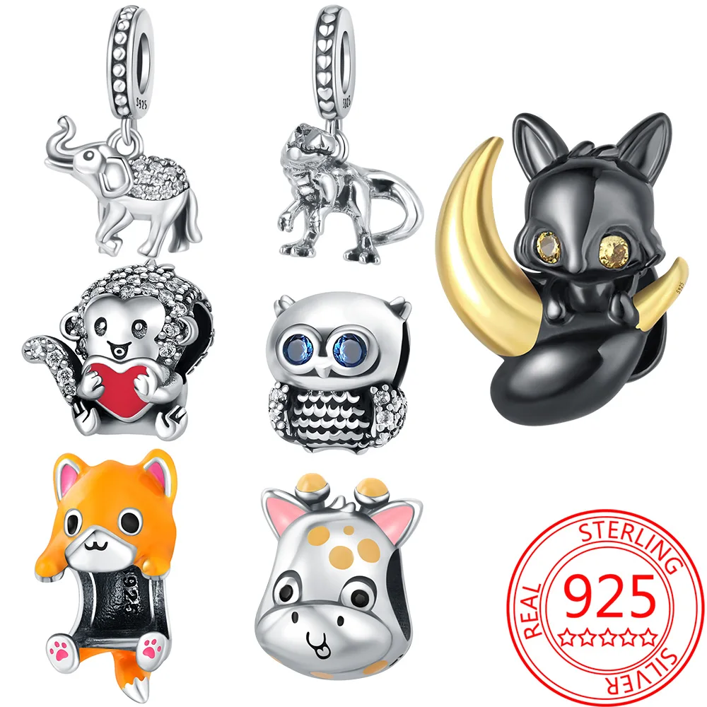 Стерлингового Серебра 925 черная лиса объятия луна подвеска бусины подходят для