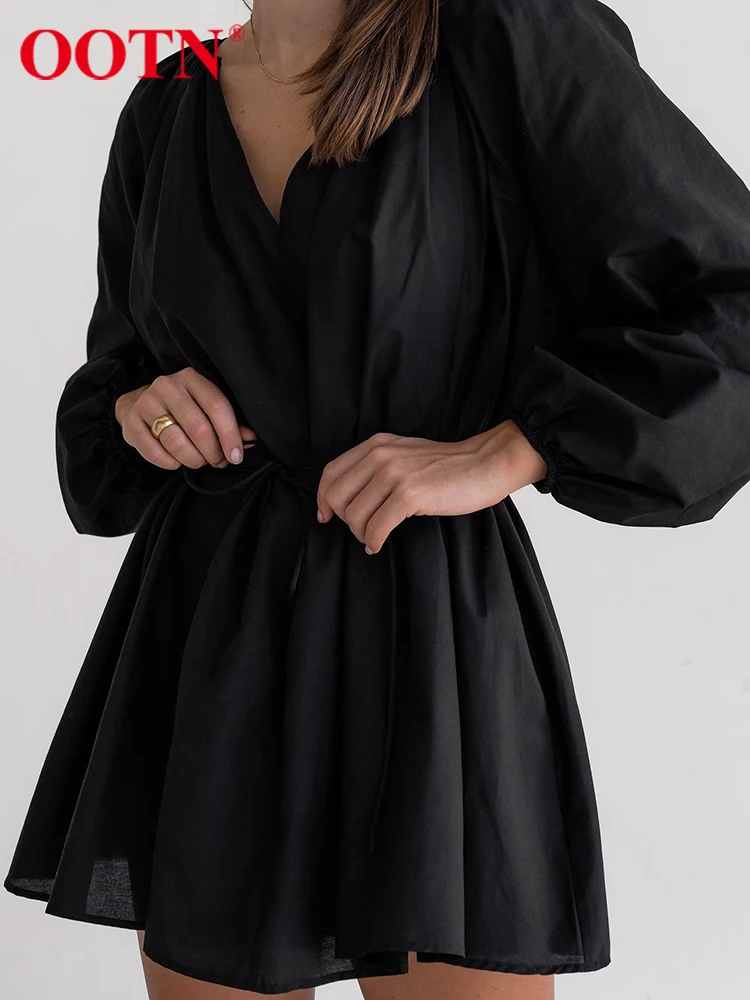 

OOTN Элегантное летнее женское платье с рукавами-фонариками, плиссированное платье с v-образным вырезом и поясом на шнуровке, Vestidos Mujer 2022, повс...