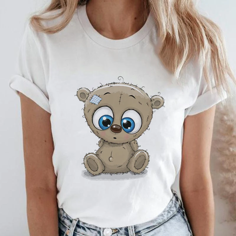 

Женская милая одежда, базовая футболка с графическим принтом милого медведя, Мультяшные животные, простая женская футболка, летняя женская футболка с круглым вырезом