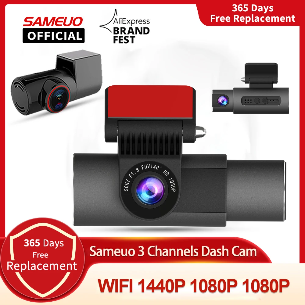Автомобильный видеорегистратор Sameuo, 3-канальная камера заднего вида с функцией ночного видения и поддержкой Wi-Fi